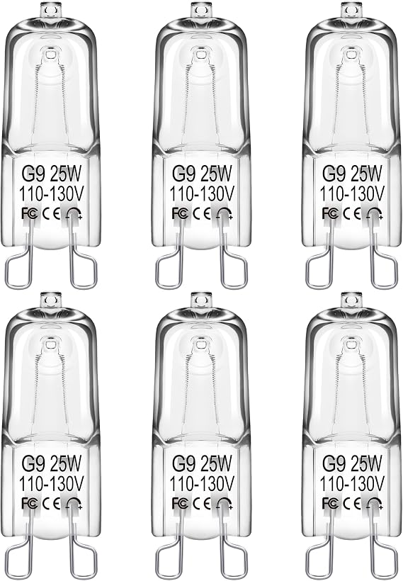 Flaspar G9 Halogen 25W 120V Bi-Pin Base, Dimmable 2700K for Range Hood | 6-Pack, T4 shape, 2-pin G9 base Xenon bulb, Fits chandeliers, under-cabinet, bathroom, landscape, Warm white 2700K, dimmable