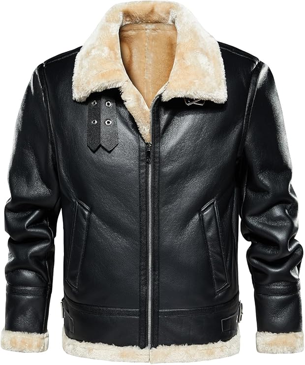 HOOD CREW Mens Faux Leather Jacket Vintage Bomber Jacket with Artificial Fur Lining Warm Winter Leather Coat