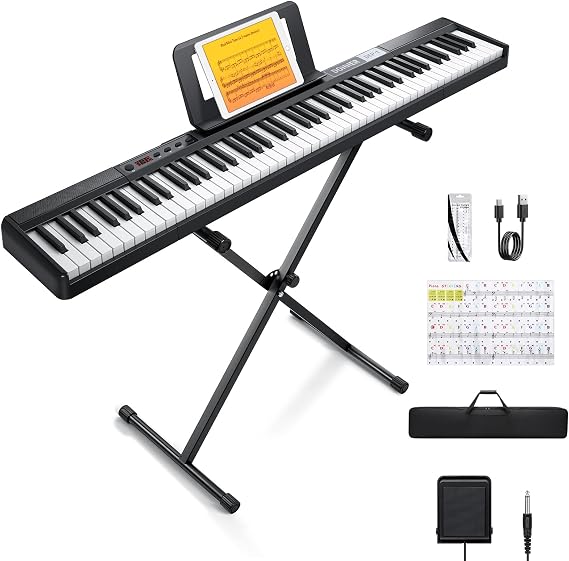Donner Piano Keyboard 88 Keys, Beginner Digital Piano Velocity-Sensitive Keys, Portable Electric Piano with Stand, Sustain Pedal, Carrying Case and Keyboard Stickers, DEP-1