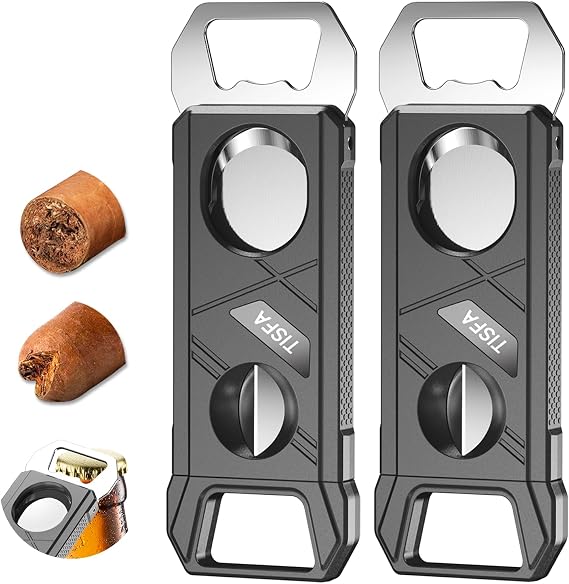 TISFA Cigar Cutter Guillotine Cigar V Cutter Bottle Opener 3 in 1 | Portable Cigar Clipper Scissors, Set of 2 Sharp Cigar Cutters, Multifunctional Cigar Accessories Gift Set for Men