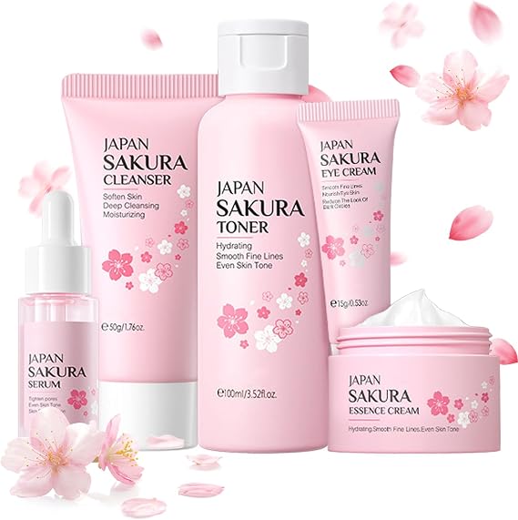 Skin Care Sets & Kits, Cherry Blossom Skin Care for Teenage Girls, Skincare Gift Set with Cleanser, Toner, Serum, Essence Cream,Eye Cream, Skin Essentials Travel Kit All Skin Types