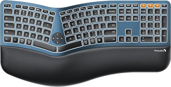 ProtoArc Arkadan Aydınlatmalı Kablosuz Ergonomik Klavye, EK01 Plus Bilek Dayanaklı Tam Boy Ergo Klavye, Bölünmüş Tasarım, Şarj Edilebilir, Bluetooth ve USB, Windows/Mac/Android ile Uyumlu Doğal Yazma,
