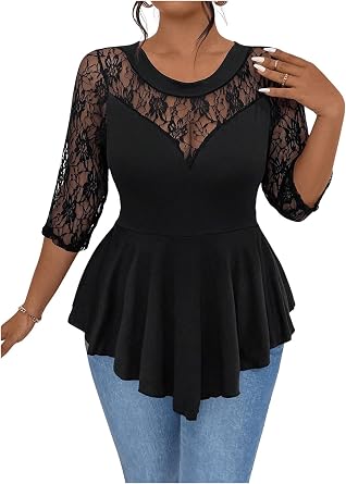 GORGLITTER Women's Plus Size Peplum Tops Sheer Mesh Lace Patchwork Tops Asymmetrical 3/4 Sleeve Crew Neck Tees Shirt