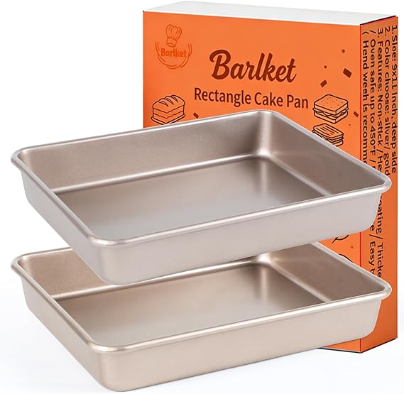 Rectangle Cake Pan, 9x11 Baking Pan Nonstick, Golden, Easy Release | 9x11 Cake Pans, Toaster Oven Deep Tray Bakeware for Brownies, Heavy Duty, 11x9x2 Inch Baking Dish 2 Pack