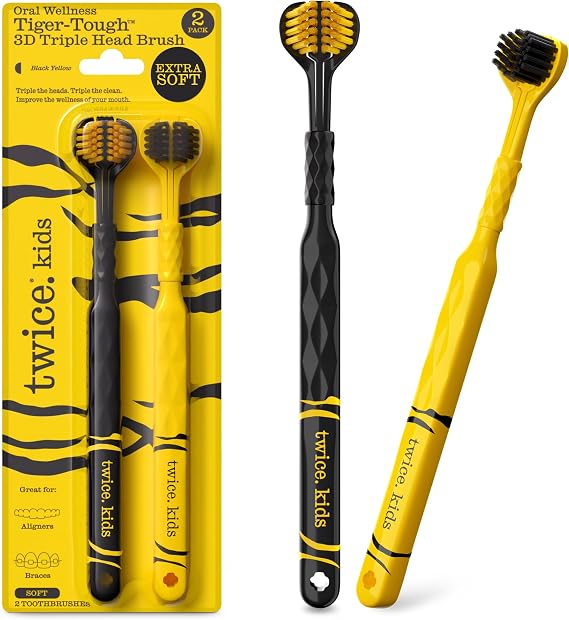 Twice Kids 3D Triple-Head Toothbrush Extra-Soft Bristles for Sensitive Gums, 3-Sided Design for Effective Plaque Removal & Sparkly Clean Smiles, Also Suitable for Braces & Aligners, Ages 3+, 2 Count