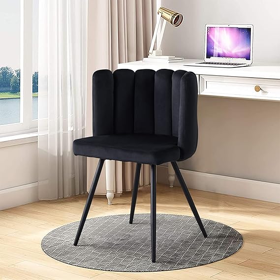 TUKAILAi Dining Chair, Modern Velvet Accent Chair with Shell Shaped Backrest, Thick Padded Seat and Black Metal Legs, Leisure Tub Chair for Kitchen Bedroom Living Room (Black)