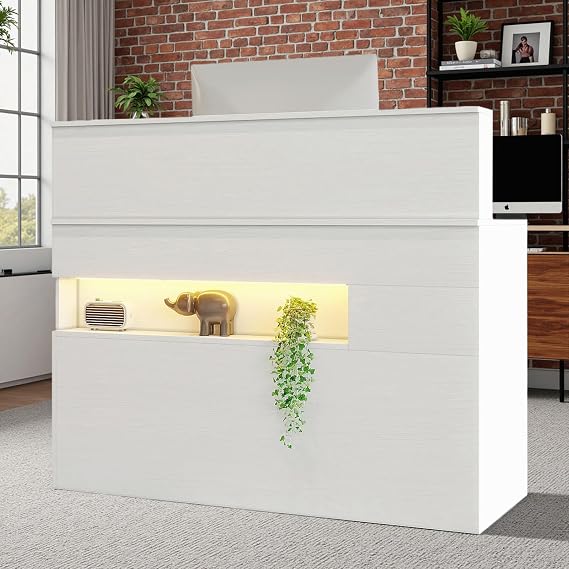TUSY Reception Desk with Counter and Keyboard Tray, 47.2" Modern Receptionist Desk with LED Lights & Power Outlets, Small Front Desk for Office, Salon, Clinic, Small Business with Hutch