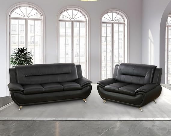 Sofa and Loveseat Set, Faux Leather Sofa Couch Set, 2 Pieces Living Room Furniture Set, Black Couches Set for Living Room/Apartment/Office, SOFA+LOVESEAT