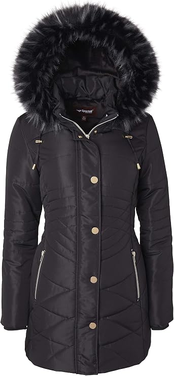 Women Longer Length Plush Lined Quilted Winter Puffer Coat Zip-Off Fur Trim Hood