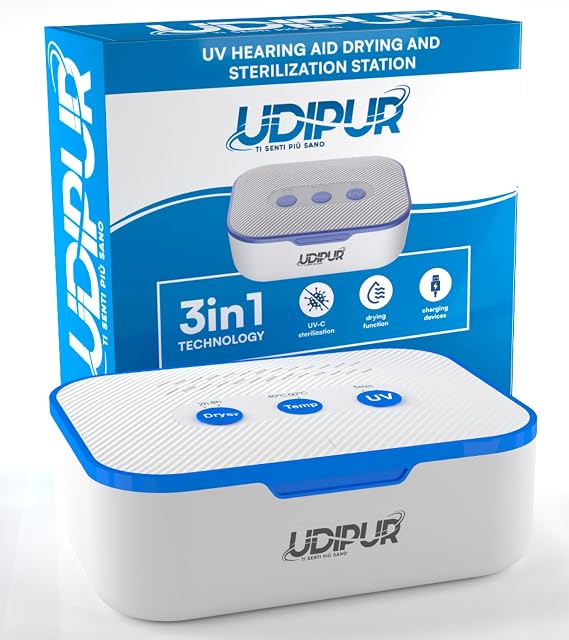 UV Sterilisation Drying and Charging Station for Hearing Aids and Cochlear Devices Udipur 3in1 Technology USB Type-C Maximum Temperature 50°C - 110 x 90 x 40 mm