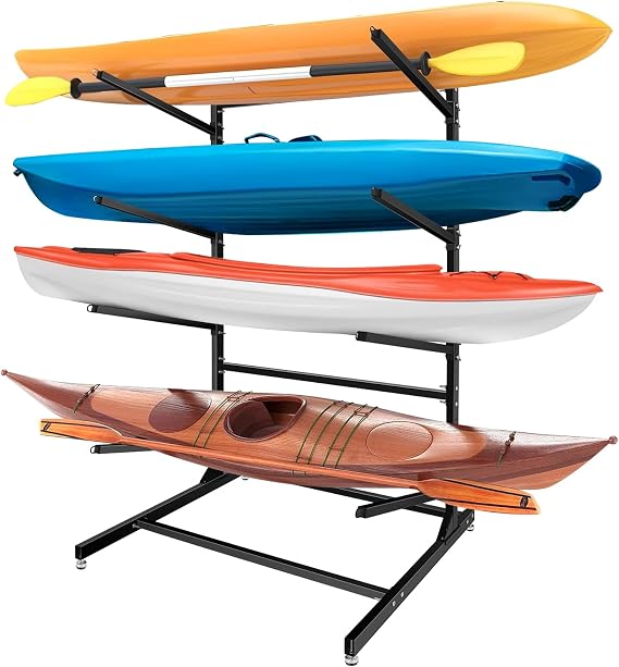 Kayak Storage Rack, Freestanding Adjustable Heavy Duty 4-Tier Rack for Kayaks, Garage Kayak Rack Outdoor Storage for Kayak Canoe Surfboard & Paddleboard