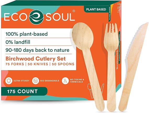 ECO SOUL Disposable Cutlery Set 175 Pack | 75 Forks, 50 Spoons & 50 Knives