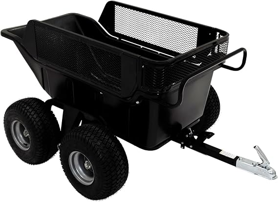 ATV Tipper Trailer 680kg 1500lbs Load Capacity Heavy Duty Quad Ride On Lawnmower Off Road Utility Cart Spring Loaded Tipping Farm Landscaping Garden Yard Removable Mesh Sides Fence Extension 4 Wheel