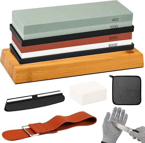 10-Piece Knife Sharpening Stone Set, Professional Whetstone 4 Side 400/1000 3000/8000 Grit, Whetstone Knife Sharpener Stone Kit, Non-slip Base, Leather Strop, Nagura Stone and Angle Guide