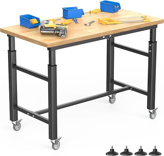 WALMANN Heavy Duty Rolling Adjustable Height Workbench 42" x 20" for Garage | Rubber Wood Top Work Table with Wheels, 2000 lbs Load Capacity