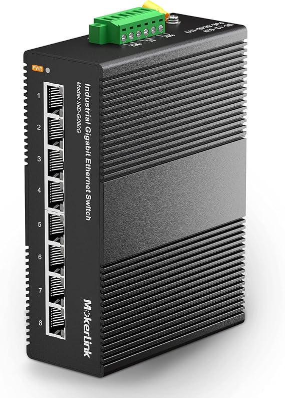 MokerLink 8 Port Gigabit Industrial DIN-Rail Ethernet Switch, 16Gbps Switching Capacity, IP40 Rated Network Switch (-40 to 185F), with UL Power Supply