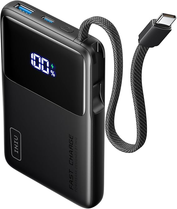 INIU Portable Charger, Smaller 45W Fast Charging Power Bank, 10000mAh Black | Flight-Safe for Travel, Built in USB C Cable, LED Display, Battery Pack for iPhone 17 16 Pro, Samsung S26, iPad etc