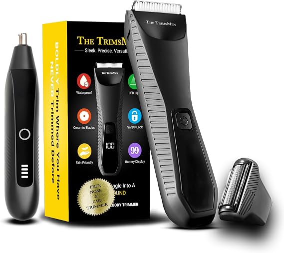 2-in-1 Premium Ball Trimmer & Foil Shaver - Manscape Razor, Electric Pubic Hair Trimmer, Body Groomer - Replaceable Ceramic Blades - Waterproof & Rechargeable - Free Nose & Ear Trimmer - Perfect Gift
