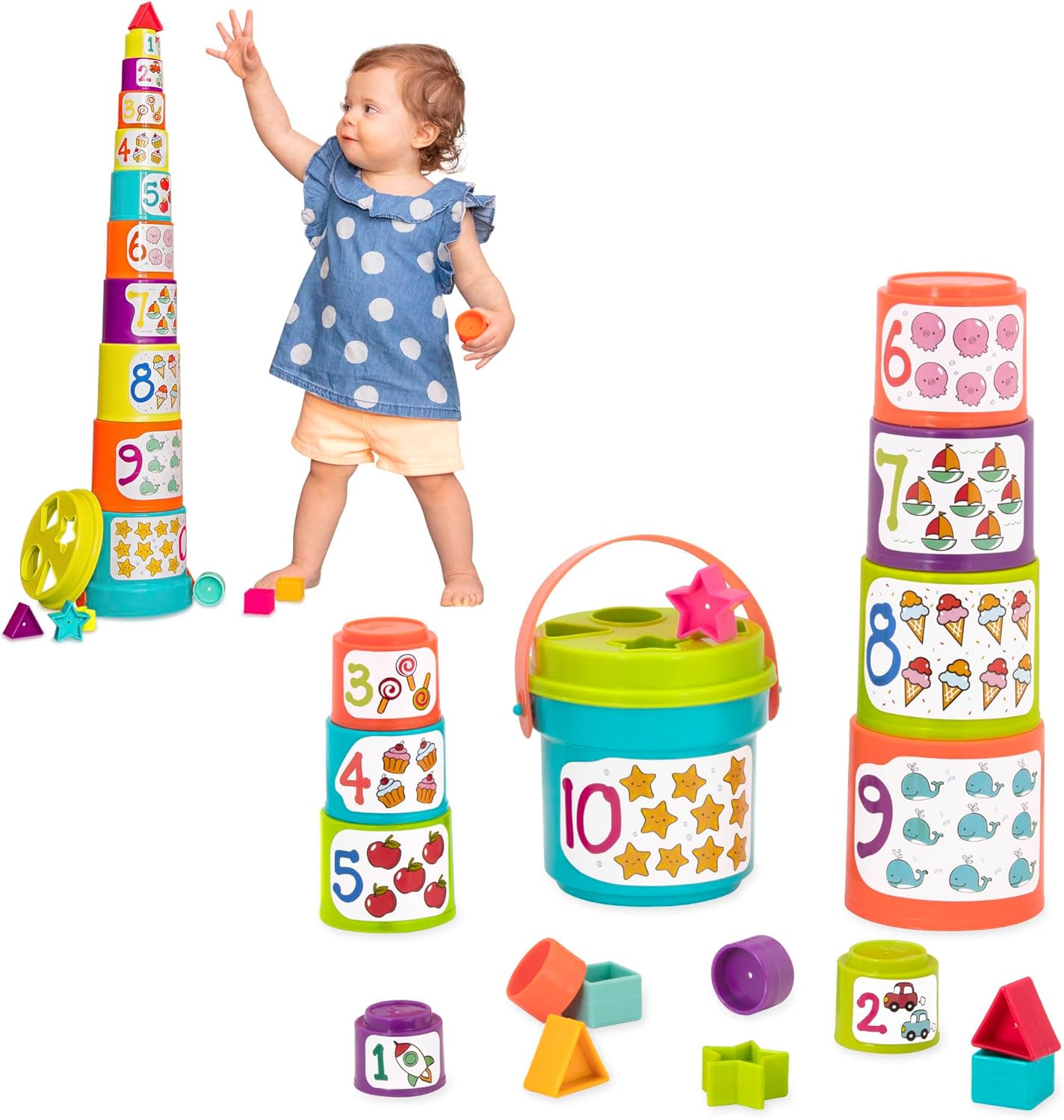 Battat – Nesting Sorter Set – 19 Pieces Stacking Bucket Sort Set – 10 Cups & 8 Shapes – Educational & Dexterity Toys – 18 Months – Sort & Stack