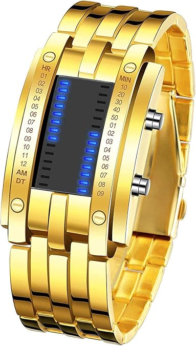 MASTOPBinary Watch for Men Blue LED Digital Rectangular Stainless Steel Classic Creative Fashion Black electroplated Watch (Gold)