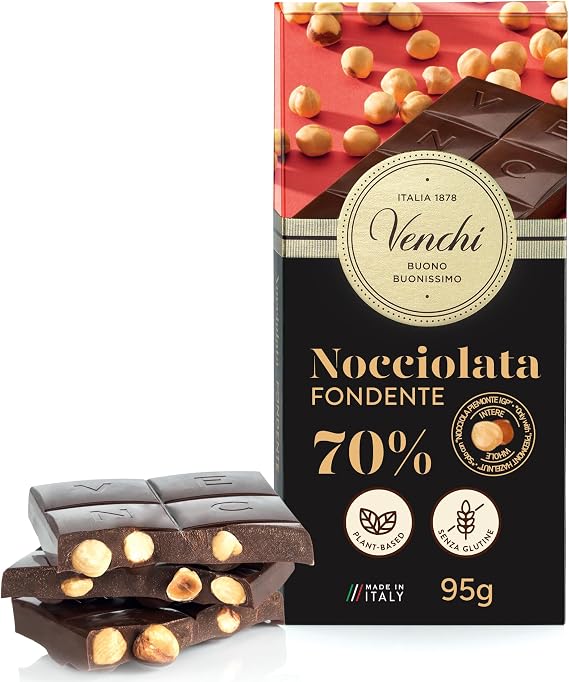 Venchi - 70% Dark Chocolate with Hazelnuts Bar, 95g, with Whole "Piedmont Hazelnut", Gluten-Free, No Colourants or Preservatives