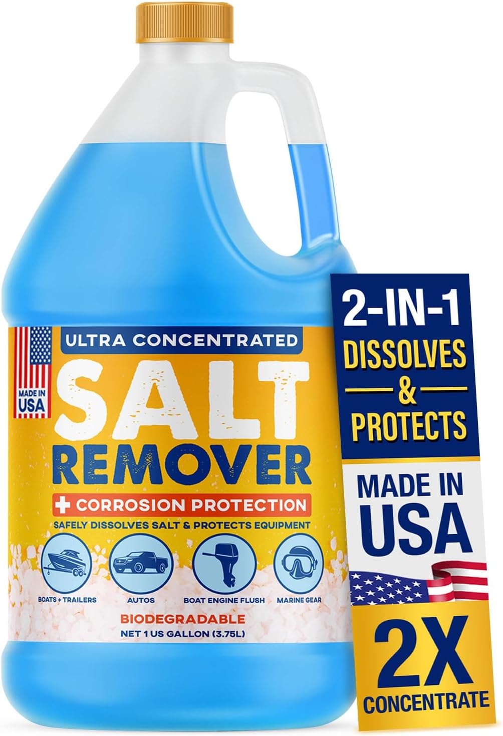 [1 Gallon] Concentrated Salt Remover + Corrosion Protection - Made in USA, Salt Gone for Boats & Cars, Ideal for Marine Engine & Outboard Motor Flush, Washes Salt Away from Boats, Vehicles, Trailers