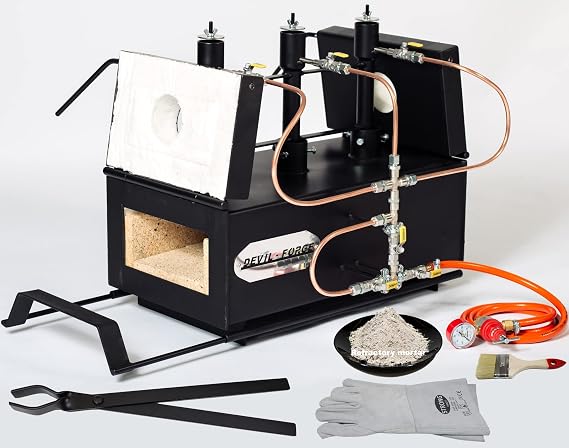 DEVIL-FORGE Gas Propane Forge DFPROFK3, 3 Burners DFC (540.000 BTU) use 1/2or3, Gas Ball Valve, 2 Doors, Tool rest, Gas saving system, Knife Making Blacksmith Farrier 2500F, Double insulation PREMIUM