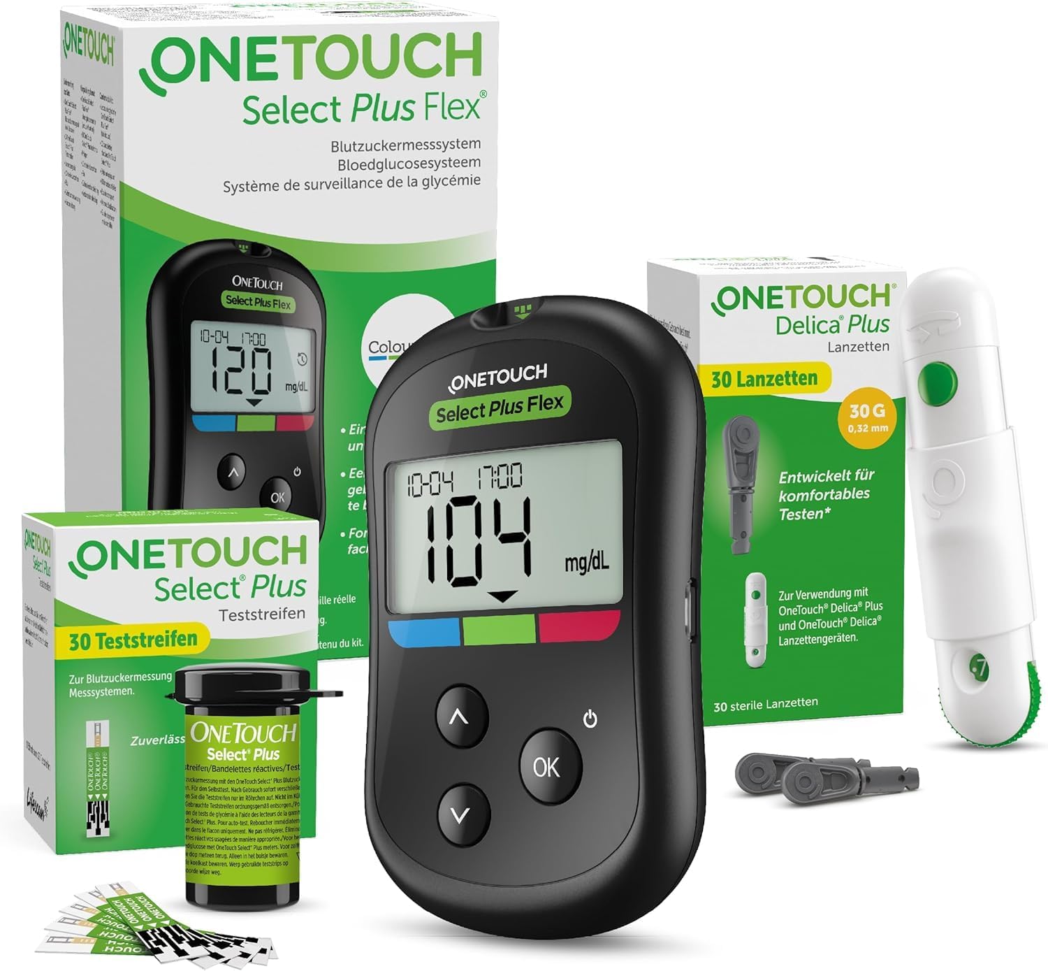 OneTouch Select Plus Flex Blood Glucose Monitoring System for Diabetes Sugar Disease I 1 Blood Glucose Meter mg/dL + 40 Test Strips + 1 Lancing Aid + 40 Lancets in Case including Battery