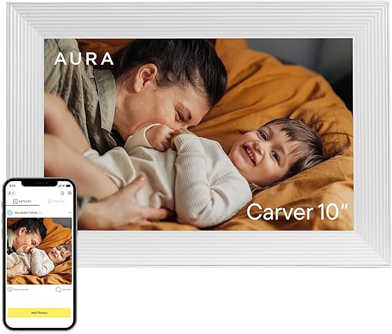 Aura Carver Intelligent Digital Photo Frame 10.1 Inch HD WiFi Cloud Digital Photo Frame Free Unlimited Storage Send Photos from Anywhere - Sea Salt