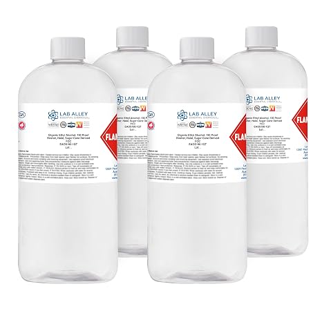 Lab Alley Ethanol 190 Proof (95%) Organic/Vegan Sugar Cane Alcohol, FCC Food Grade, (4 1 Quart Bottles)