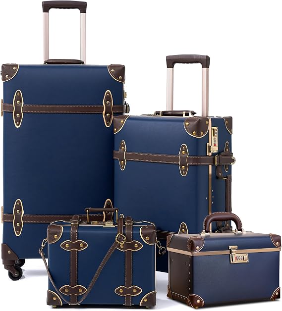 urecity Vintage Luggage Sets of 4 Piece - Hardside Lightweight Spinner Suitcases - Retro Travel Set includes Under Seat Train Case, Cosmetic Train Case, Navy