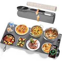 New Food Warming Mat with Wireless Charger, 34”x15” Extra Large Roll Up Food Warmer Fast Heating Mat for Food with 7 Level Temperature & 8 Hours Timer, Electric Warming Trays for Buffets Party (Grey)