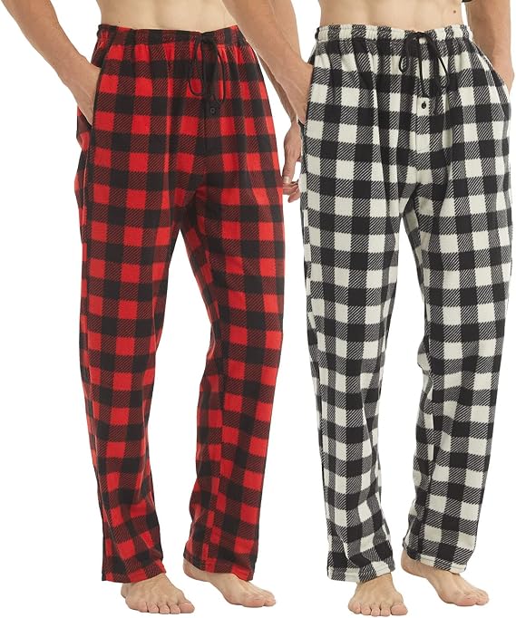 LANBAOSI 2 Pack Mens Pajama Pants Set Bottoms Fleece Lounge Sleepwear Lightweight Plaid pj Pants with Pockets Microfleece