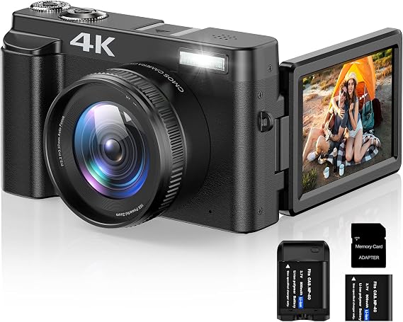4K Digital Camera for Photography Autofocus 16X Digital Zoom, 48MP Vlogging Camera with 32GB SD Card, 3'' 180 Flip Screen Compact Camera,2 Batteries