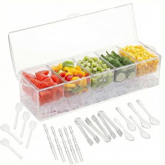 Ice Chilled Condiment Server with Lids Includes 19 Serving Accessories (Tongs, Spoons, Forks) 5 Compartment Fruit & Veggie Tray for Parties, Taco Bar, Picnics & Outdoor Entertaining