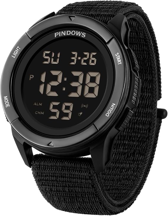 PINDOWS Mens Digital Watch, 50M Waterproof Army Work Sports Velcro Strap