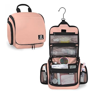 Goloni Hanging Toiletry Bag with Hook, Large Makeup Bag Travel Organizer, Water-Resistant Hanging Cosmetic Bag with 10 Compartments for Women & Men,Pink