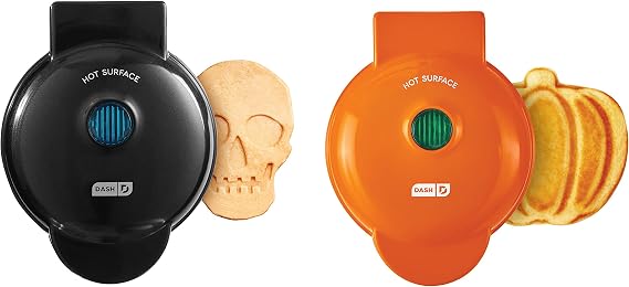 Dash Mini Waffle Maker (2 Pack) for Individual Waffles Hash Browns, Keto Chaffles with Easy to Clean, Non-Stick Surfaces, 4 Inch, Halloween, Black and Orange