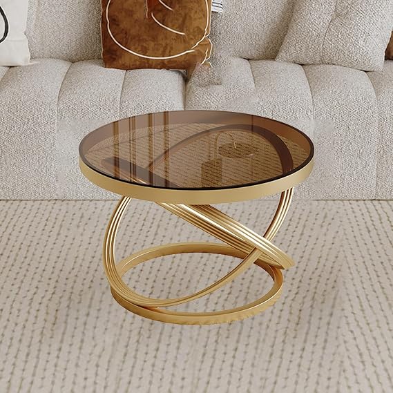 Glass Coffee Tables for Living Room Circle Center Table Minimalist Display Coffe Table Accent Furniture for Living Room Indoor(Gold Tea,19.68x19.68x17.72in)