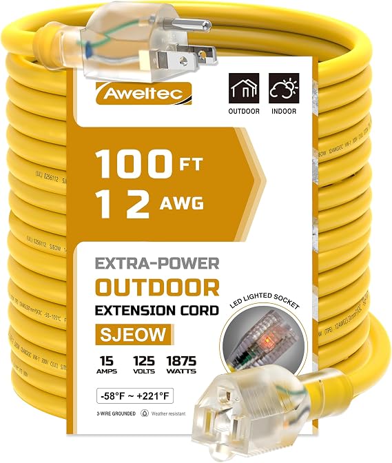 12 Gauge 100 feet Pure Copper Extension Cord Heavy Duty,Yellow
