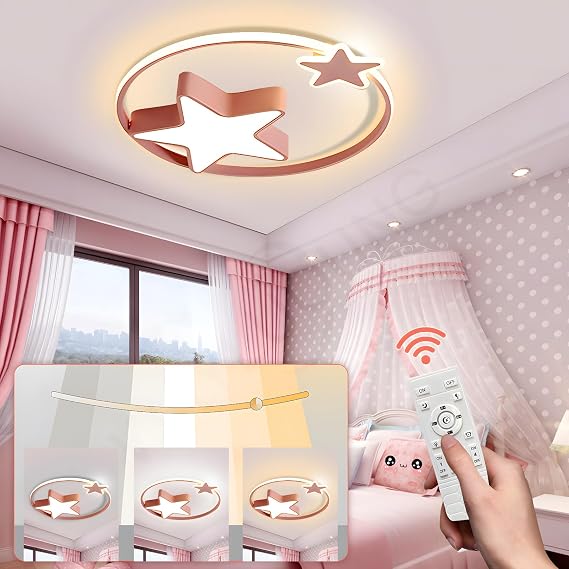Pink LED Ceiling Light | Modern Round Children's Lamp | Star Starry Sky Children Light | Ø55cm 48W | Dimmable with Remote Control 2700K-6500K | Children's Room Boys Girls Ceiling Lamp Bedroom