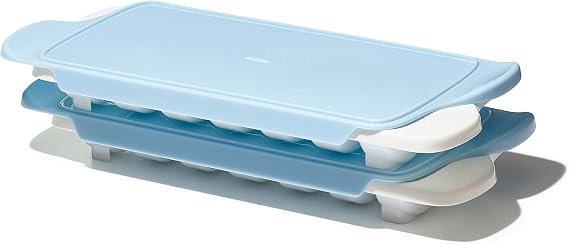 OXO Good Grips Flexible Ice Cube Tray with Lid - 2 Pack, Blue & White | Spill-Proof Lid, Freezer Storage, Kitchen Accessory, Twist To Release, Easy For Stacking, Dishwasher Safe