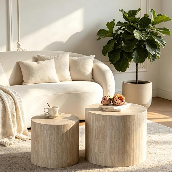 Nesting Coffee Table Set of 2, Round Nesting Tables Wooden End Tables for Small Space, Modern Side Tables Set for Living Room, Office, No Need Assembly, Amber