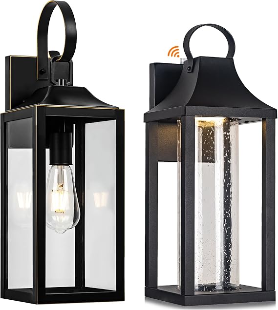 19IN No Dusk to Dawn & 15IN Dusk to Dawn Wall Light, Black Outside Farmhouse Wall Sconce, Industrial Wall Mount Light Fixture with Glass, Waterproof Modern Porch Lighting Exterior Lamp