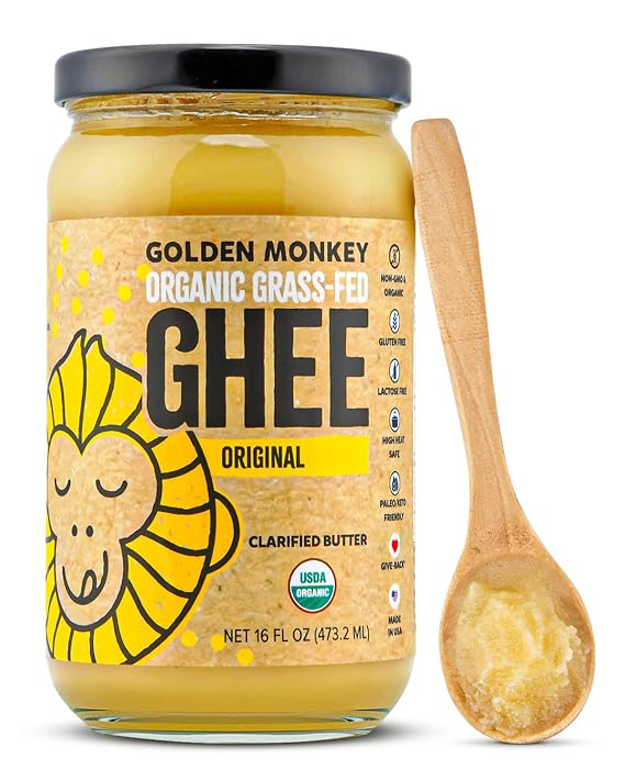 GOLDEN MONKEY Organic Ghee Butter Grass Fed Clarified Butter for Cooking, Baking, Keto & Gut Health Ghee Butter Organic Grass Fed from Small Farms Smooth Spread with High Smoke Point (16oz)