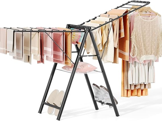APEXCHASER Clothes Drying Rack, 67.7" L Height Adjustable, Foldable, Black | 1.5"Folded, No Assembly, Space-Saving, Spacious Design, Adjustable Wings, Clips, Mesh Shelf, Shoe Rack, Indoor & Outdoor Use