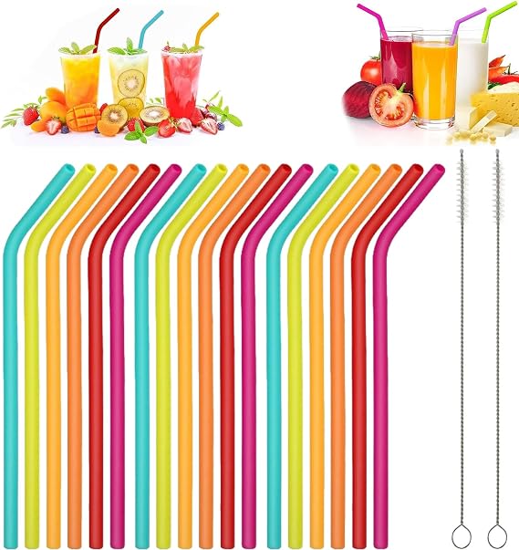 20 Pcs Silicone Straws Reusable Set - 18 Flexible Drinking Straws + 2 Cleaning Brushes, Colorful Bend Drinking Straws, Regular Size for Adults Kids, Cocktails & Cold Drinks (Assorted Colors)