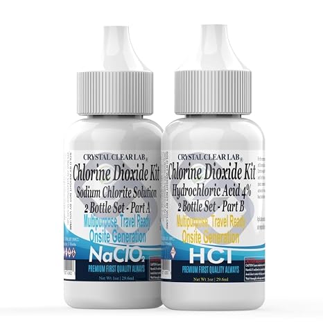 Crystal Clear Lab Chlorine Dioxide - Pure CDS Set with Single-Drop Bottles HCl Large 2 fl oz