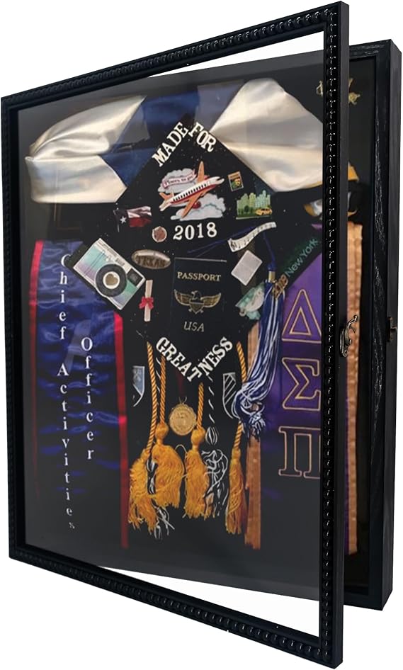 FramePro Large Shadow Box Black 16x20 Front Open with Hinge Beaded Designed, Graduation Cap and Gown Picture Keepsake Box with Linen Back