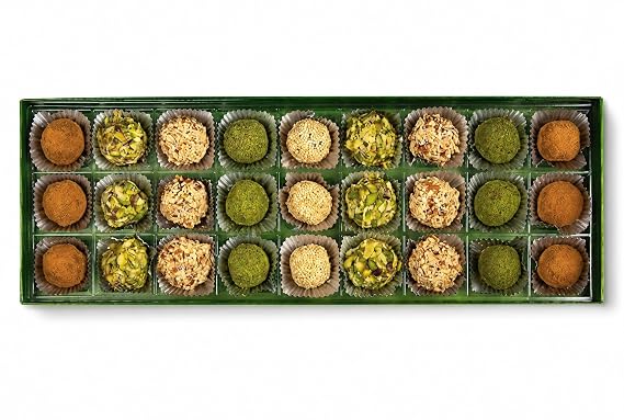 OMNIYA Delicacy Golden Dates Luxury Date Dessert Treats, 27 Pieces w/Pistachio, Lotus, Sesame & Almond Gourmet Mediterranean Gift Box for Holidays, Weddings & Special Occasions